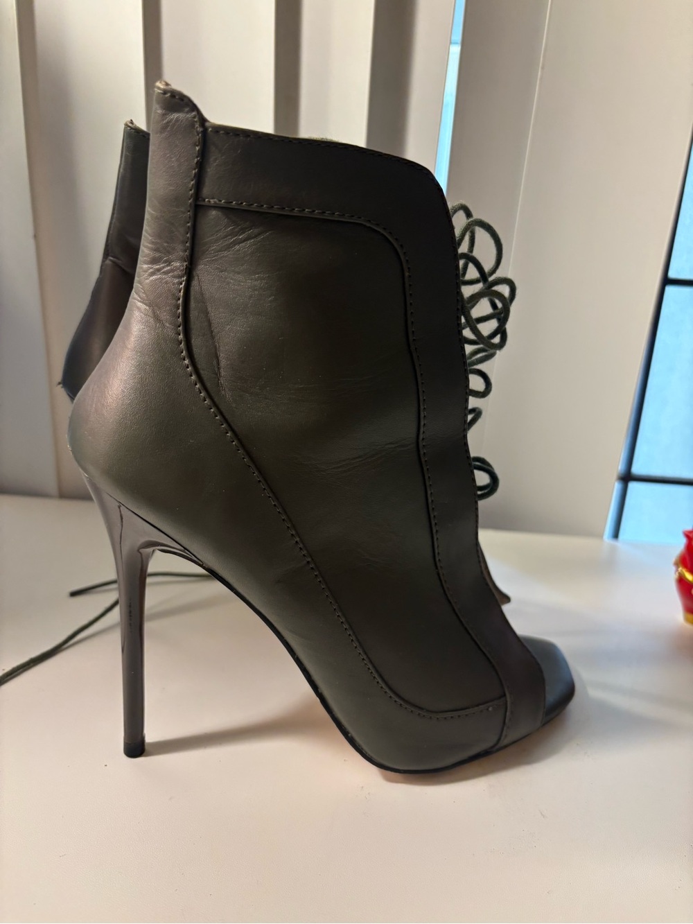 Renvy Dark Olive Lace-Up Peep-Toe Stiletto Boots